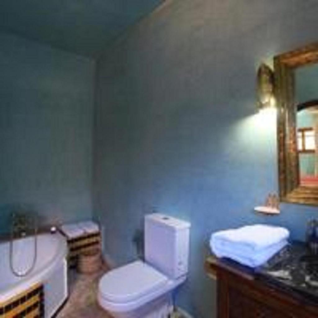 une salle de bain avec toilettes, lavabo et miroir dans l'établissement Imlil Lodge, à Imlil