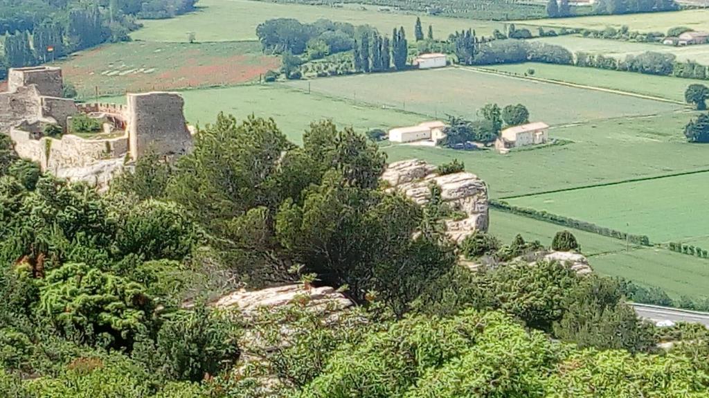 un vieux bâtiment au sommet d'une colline plantée d'arbres dans l'établissement Gite touristique, à Piolenc