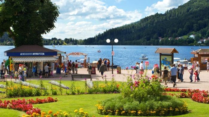 Un groupe de personnes se promenant autour d'un parc près d'un lac dans l'établissement Gîte Les Glycines, à Gérardmer