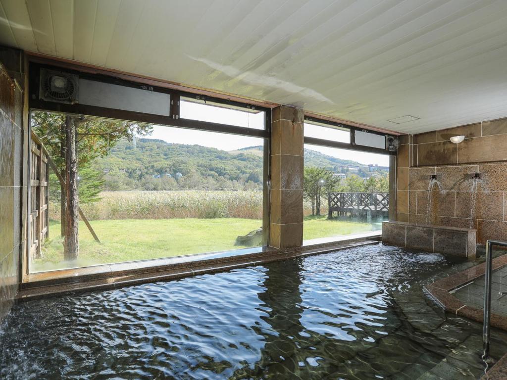 Cette chambre dispose d'une piscine d'eau et d'une grande fenêtre. dans l'établissement Shirakabako View Hotel, à Tateshina