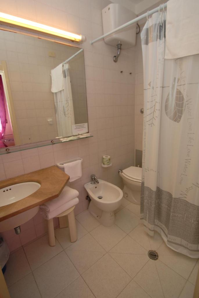 une salle de bain avec un lavabo, des toilettes et une douche dans l'établissement Hotel Baia Del Sorriso, à Castiglioncello