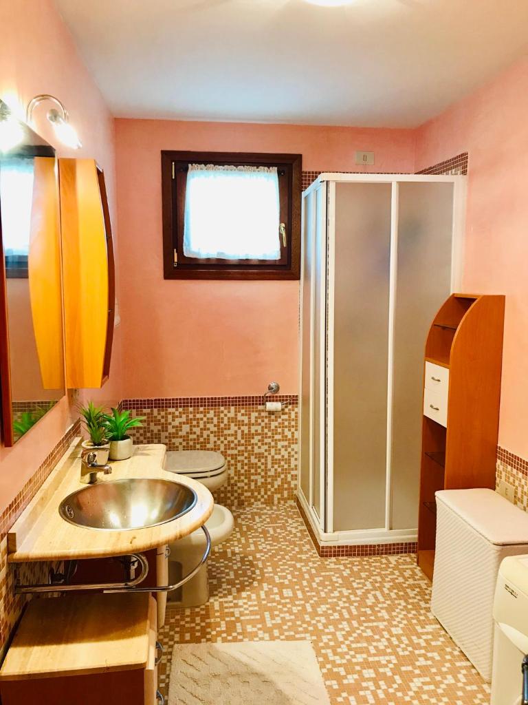 une salle de bain avec un lavabo et une douche dans l'établissement Villa vista mare con piscina, à San Teodoro