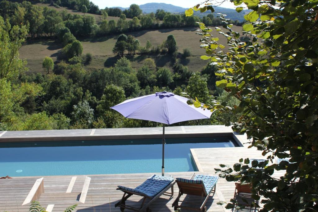 - une terrasse avec un parasol et des chaises à côté de la piscine dans l'établissement Les Terrasses de Labade Gite, à Coubisou