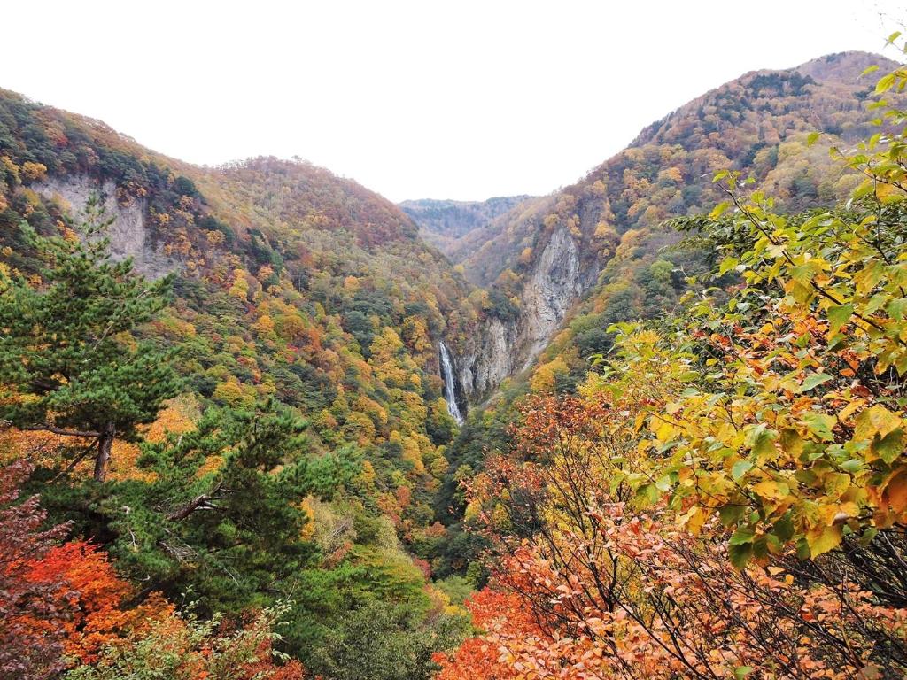une vallée de montagne avec une cascade au milieu dans l'établissement Hotel Ichibokaku, à Yamanouchi