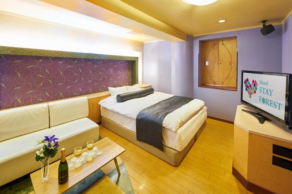une chambre avec un lit, une télévision et un canapé dans l'établissement Hotel Stay Forest (Love Hotel), à Tsuchiura