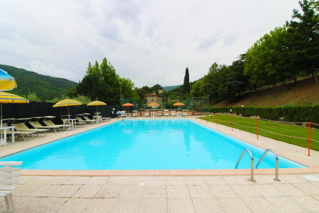 une grande piscine bleue avec chaises et parasols dans l'établissement Casale Aiola, à Poggioni