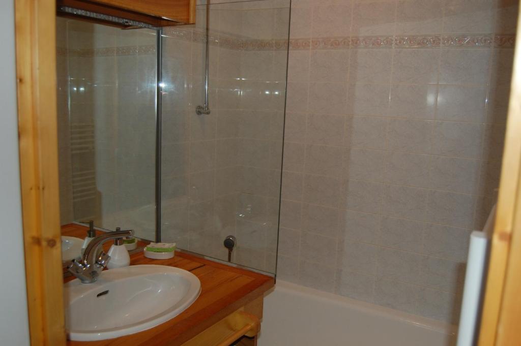 une salle de bain avec un lavabo et une douche dans l'établissement Le Chamois, à Arêches