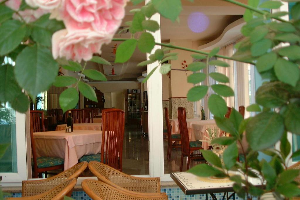 un restaurant avec des tables et des chaises et une rose rose rose dans l'établissement Hotel Kadett, à Rimini 31 autres photos