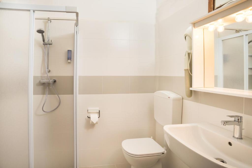 une salle de bain avec une douche, des toilettes et un lavabo dans l'établissement Hotel Antille e Azzorre, à Lido di Jesolo