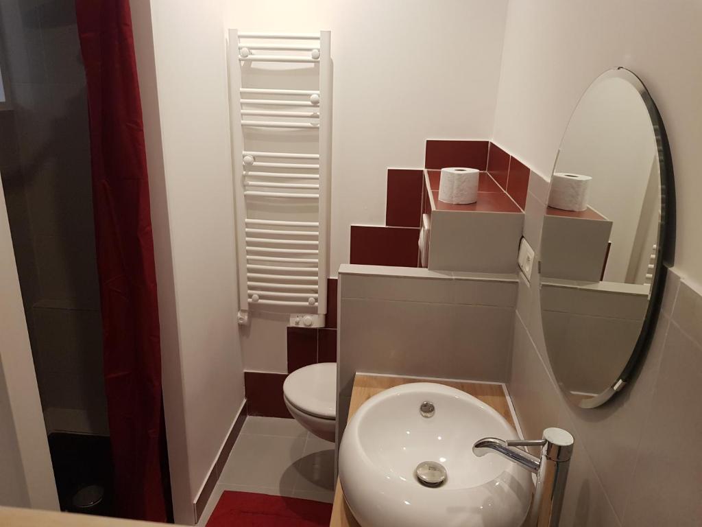 une salle de bain avec un lavabo, des toilettes et un miroir dans l'établissement Gîte à la ferme, à Upie