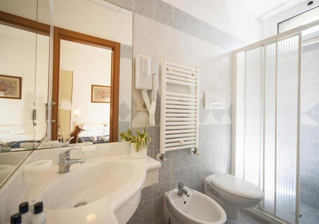 une salle de bain avec un lavabo, des toilettes et un miroir dans l'établissement Hotel Jana, à Rimini