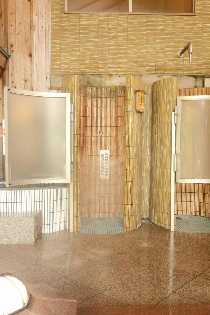 La salle de bains est pourvue d'une douche et d'un écran. dans l'établissement Hotel Futaba, à Yuzawa