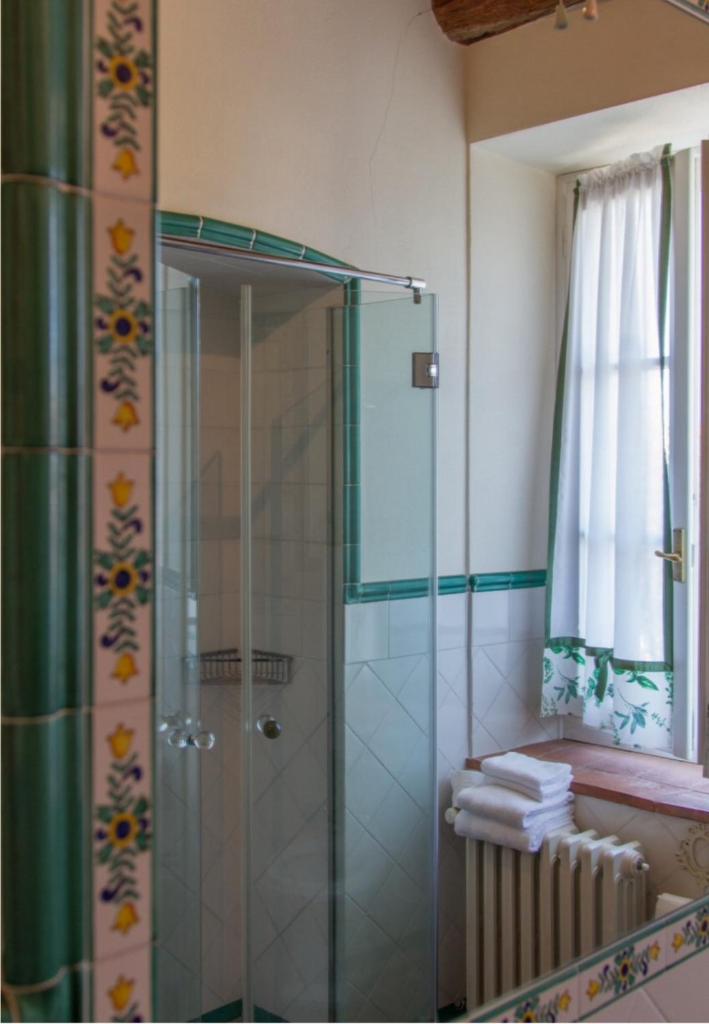 La salle de bains est pourvue d'une douche, d'un miroir et de serviettes. dans l'établissement Suite Agave, à Seravezza