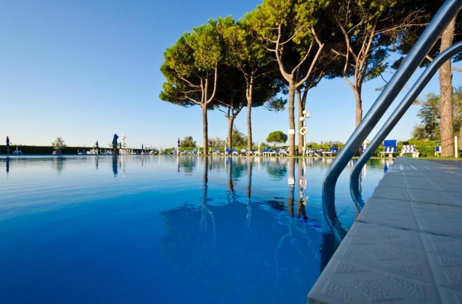 un grand bassin d'eau avec des arbres en arrière-plan dans l'établissement Hotel King, à Lido di Jesolo
