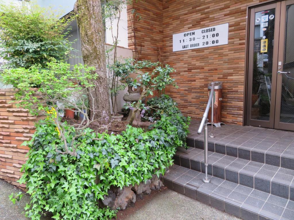 une maison avec un tas de plantes sur les marches dans l'établissement Hakone Miyanoshita Myojokan, à Hakone