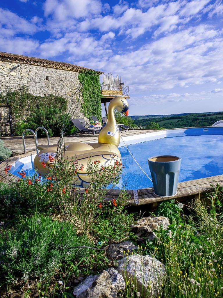 - une piscine avec un canard en caoutchouc dans une baignoire dans l'établissement noct enbulle, à Cabrerets