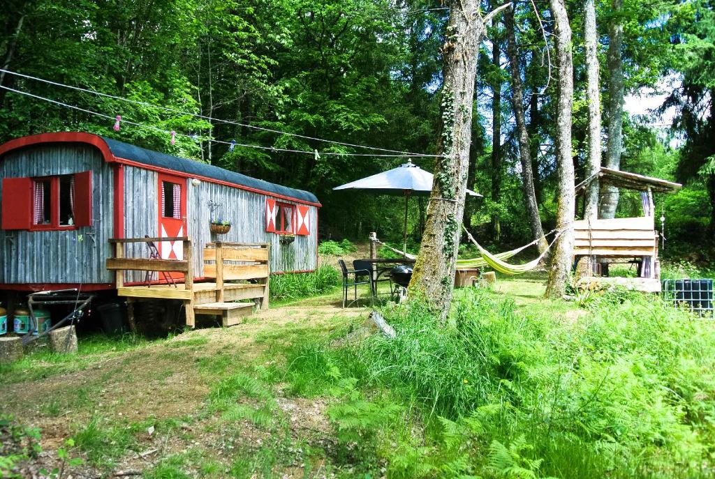 - un abri et un hamac dans une forêt dans l'établissement GoGreen Roulotte, à Saint-Priest-les-Fougères