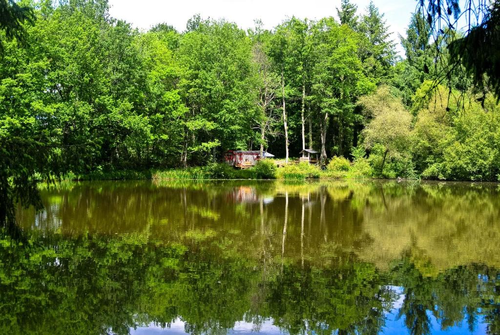 une vue d'un lac avec une maison en arrière-plan dans l'établissement GoGreen Roulotte, à Saint-Priest-les-Fougères