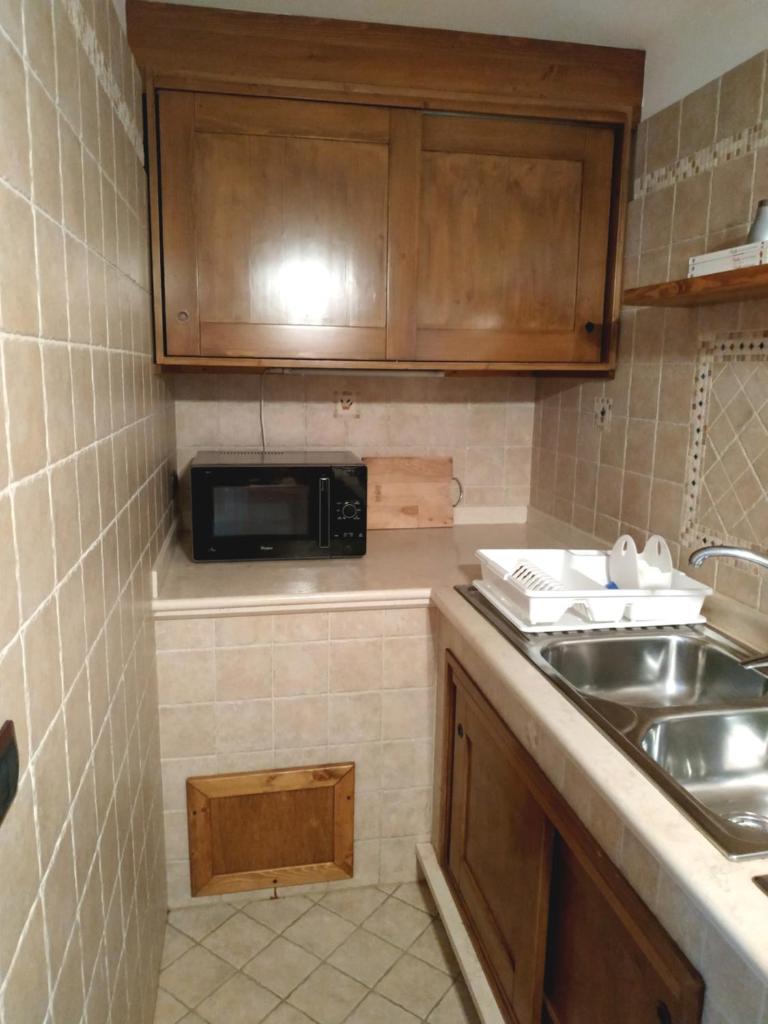 une petite cuisine avec un évier et un micro-ondes dans l'établissement Villa del Mito - Blue Marine, à Tricase