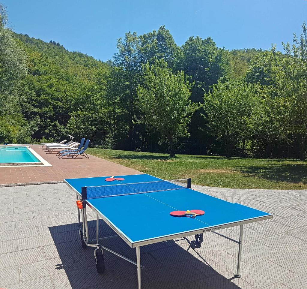 une table de ping-pong devant une piscine dans l'établissement Villa Le Panche, à Pontepetri