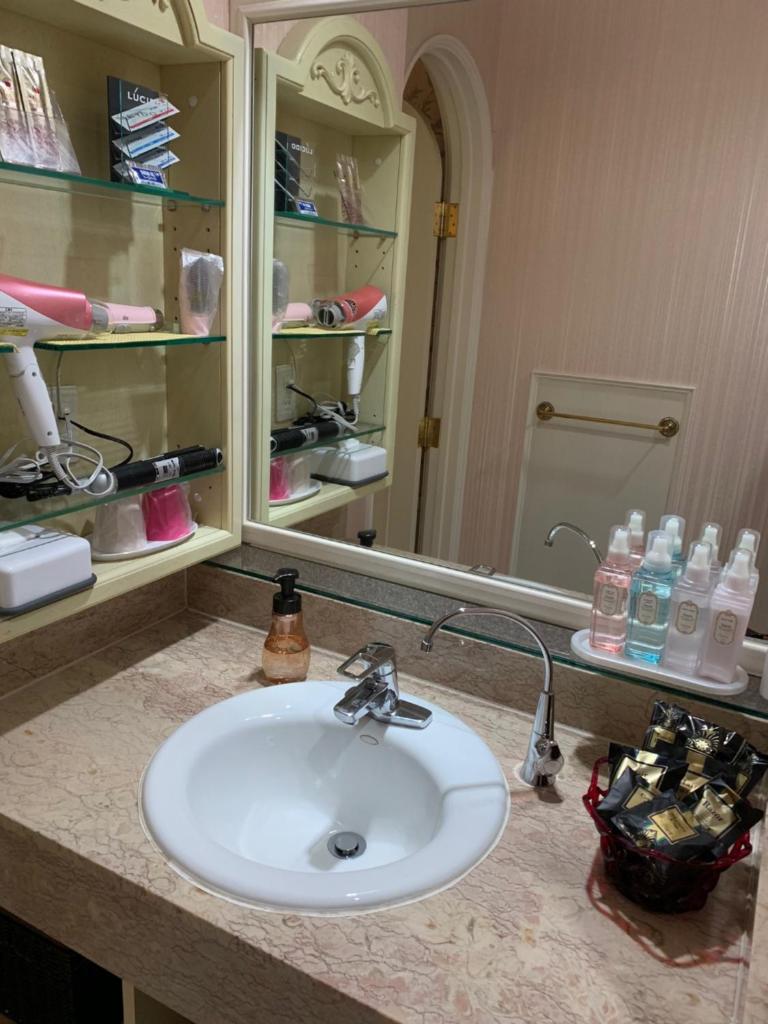 un comptoir de salle de bain avec un lavabo et un miroir dans l'établissement Osyare Kizoku Ichinomiya (Adult Only), à Ichinomiya