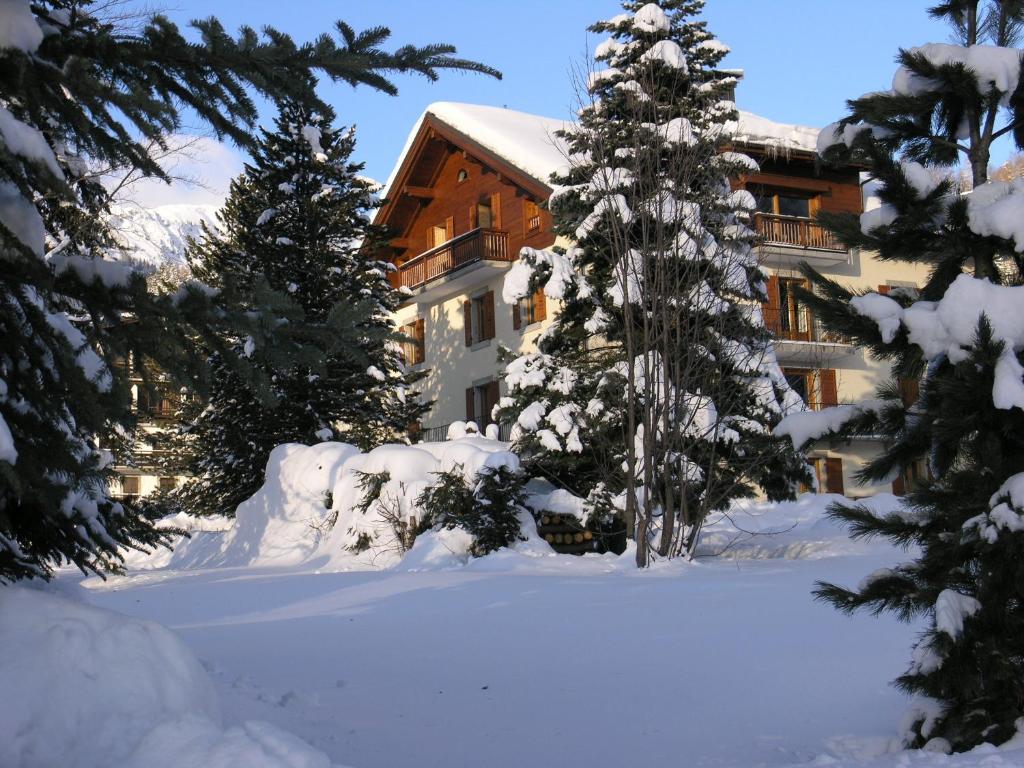un bâtiment avec des arbres enneigés devant lui dans l'établissement Appartement Arolles, à Chamonix-Mont-Blanc