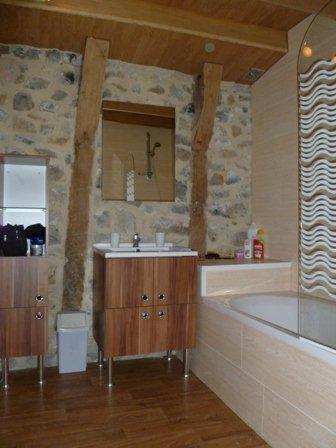une salle de bain avec une baignoire et un lavabo et une baignoire dans l'établissement Gite Clara, à Bassignac-le-Haut