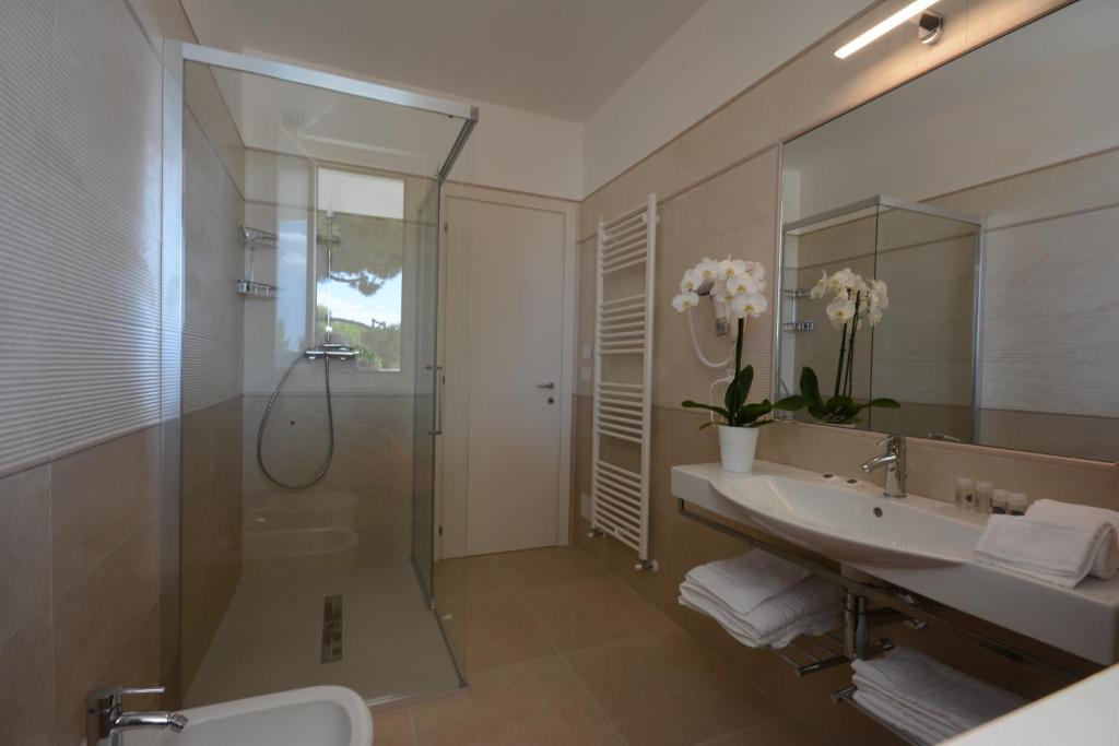 une salle de bains avec douche, lavabo et miroir dans l'établissement Residence La Villa, à Tortoreto Lido