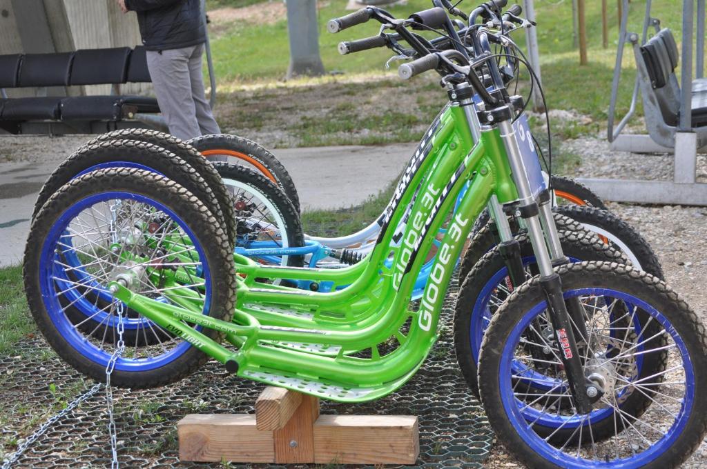un vélo vert est garé au sol dans l'établissement Col de Rousset - App. 2 P, à Rousset