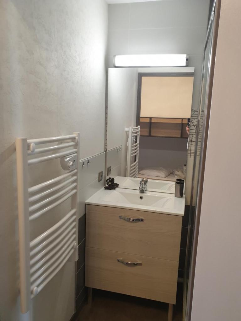 une salle de bain avec un lavabo et un miroir dans l'établissement MEIJE 3, à Les Deux Alpes 9 autres photos