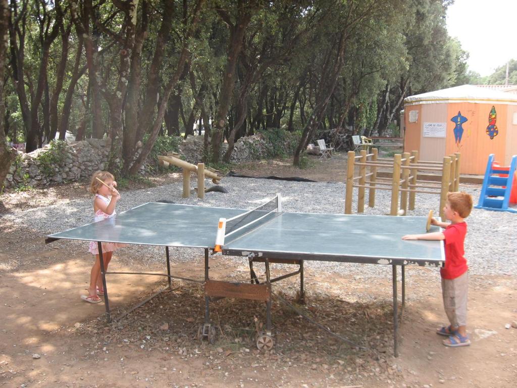 2 enfants jouant au ping-pong sur une table de ping-pong dans l'établissement Camping Mille Étoiles, à Labastide-de-Virac