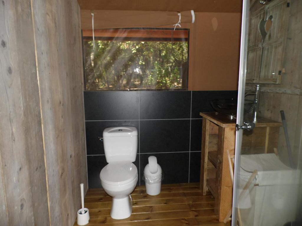 une salle de bain avec des toilettes blanches et une fenêtre dans l'établissement Camping Mille Étoiles, à Labastide-de-Virac 37 autres photos