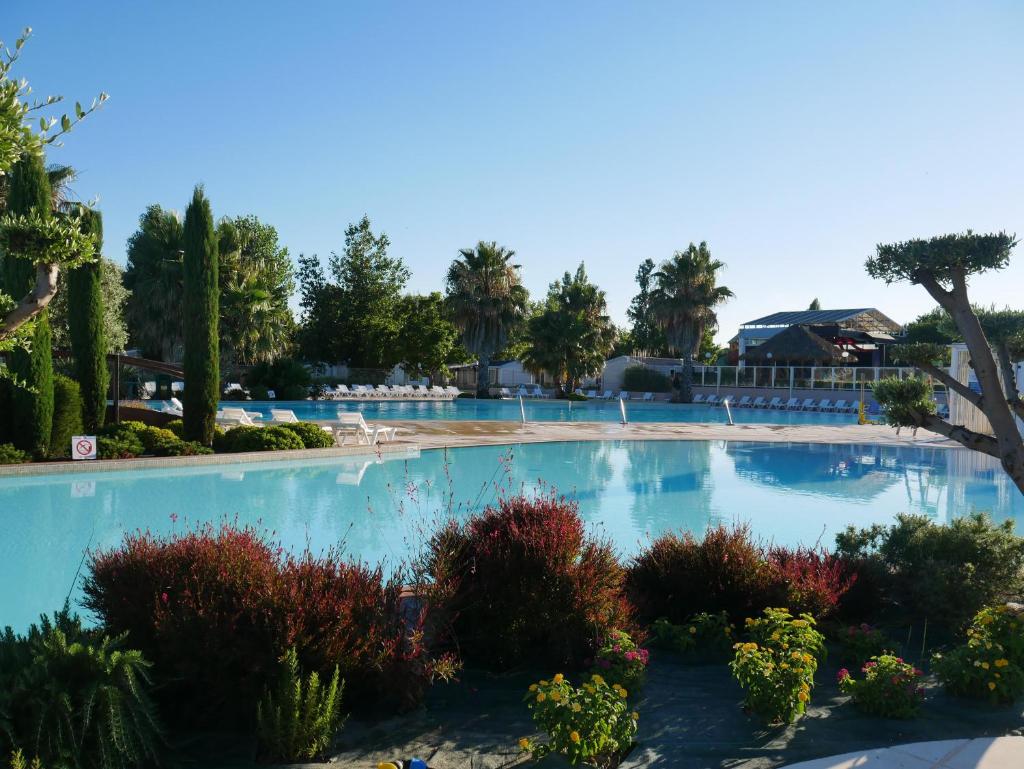 une grande piscine avec des arbres et des plantes dans l'établissement Camping Officiel Siblu La Carabasse, à Vias