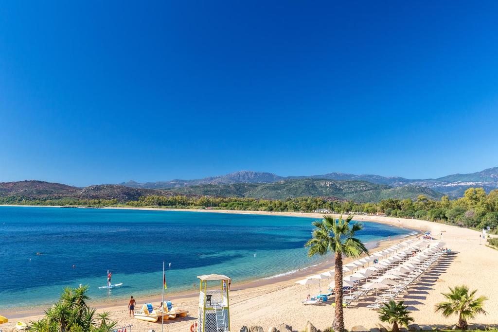 une plage avec un tas de chaises et de palmiers dans l'établissement Hotel Club Saraceno - Bovis Hotels, à Àrbatax