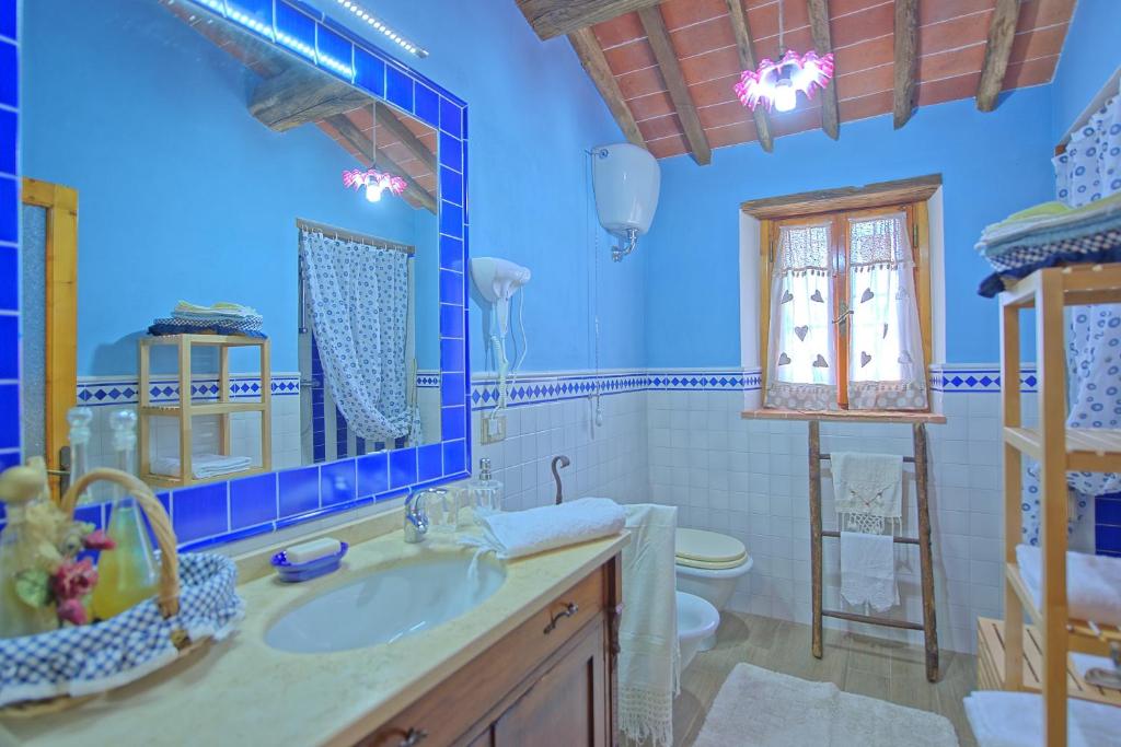 une salle de bain bleue avec un lavabo et des toilettes dans l'établissement Casale di Cozzile by PosarelliVillas, à Massa e Cozzile