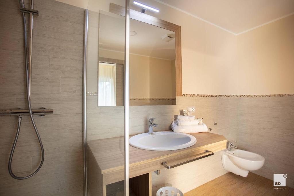 une salle de bain avec un lavabo et une douche avec un miroir dans l'établissement Tonicello Hotel Resort & SPA, à Capo Vaticano