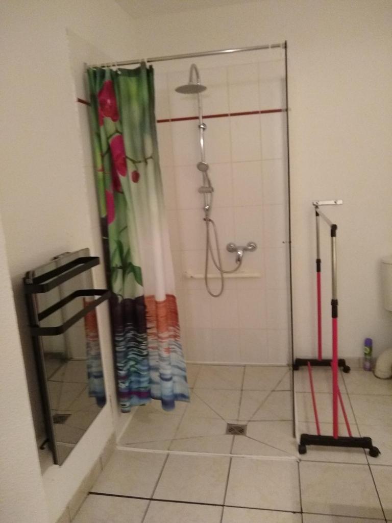 La salle de bains est pourvue d'une douche et d'un rideau de douche. dans l'établissement T2 RESIDENCE 3 ETOILES Piscine chauffée Sauna Hammam, à Cauterets