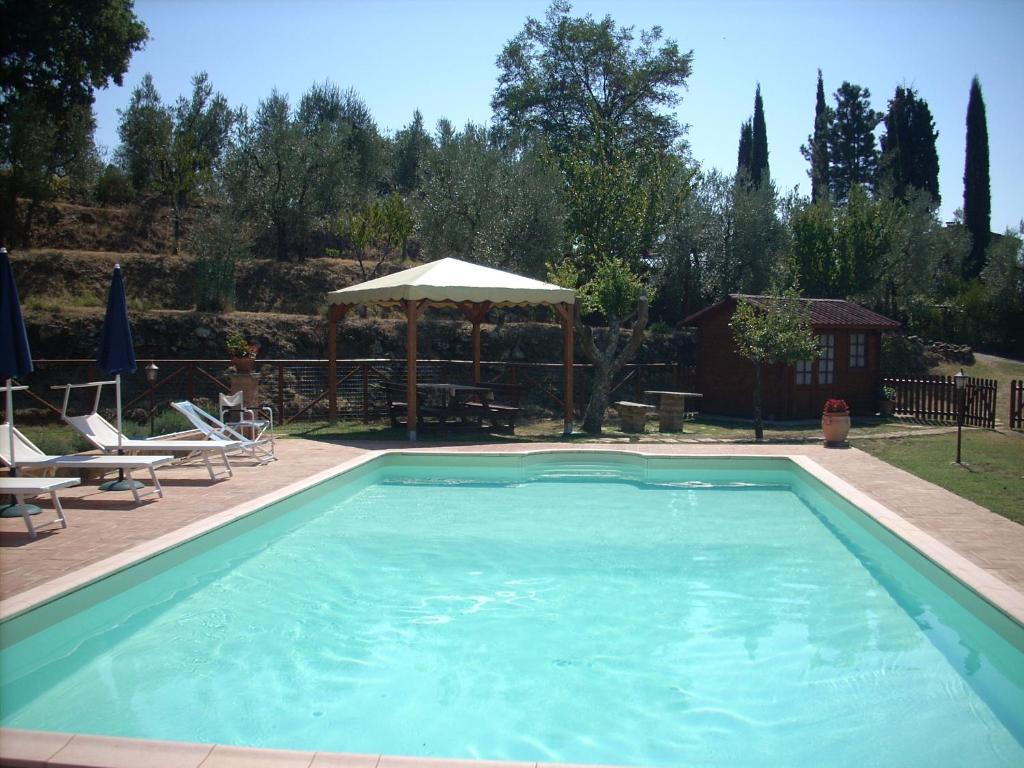 une piscine avec une table, des chaises et un parasol dans l'établissement PODERE CAPANNE, à Sinalunga