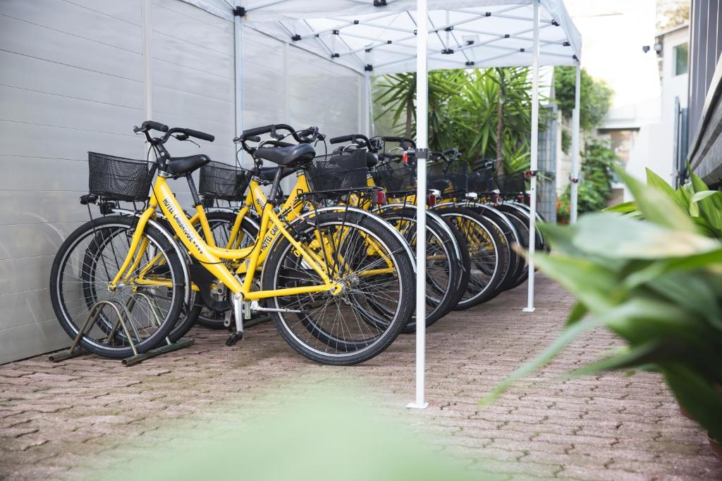 Une rangée de vélos jaunes garés à côté d'un bâtiment dans l'établissement Hotel Cambridge, à Lido di Jesolo