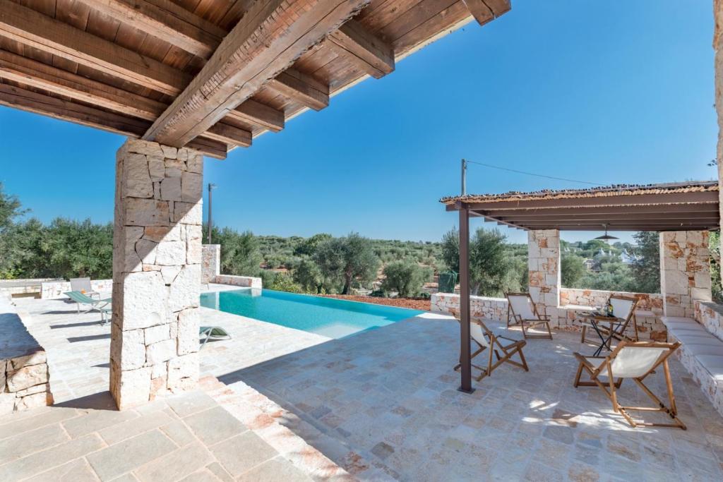 un patio avec des chaises et une piscine dans l'établissement HelloApulia Trulli Andel, à Ostuni