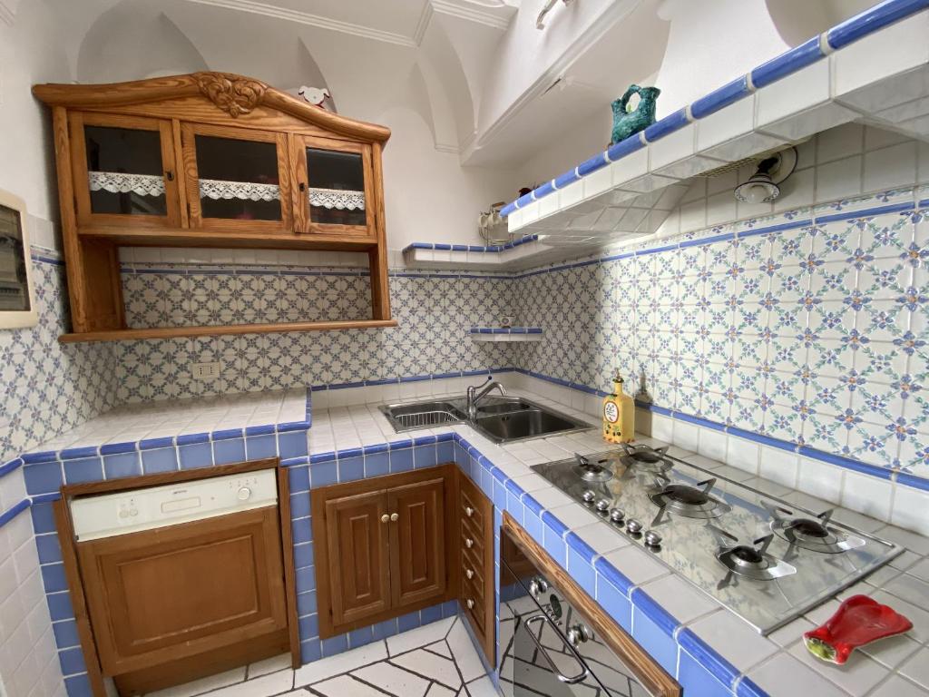 - une cuisine avec des carreaux bleus et blancs et un évier dans l'établissement Villa Teste di Moro, à Capri