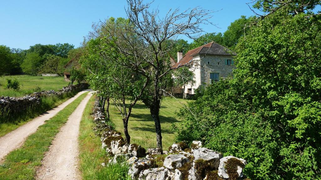 un chemin de terre à côté d'un mur de pierre et d'un bâtiment dans l'établissement Gites de Combarel, à Corn