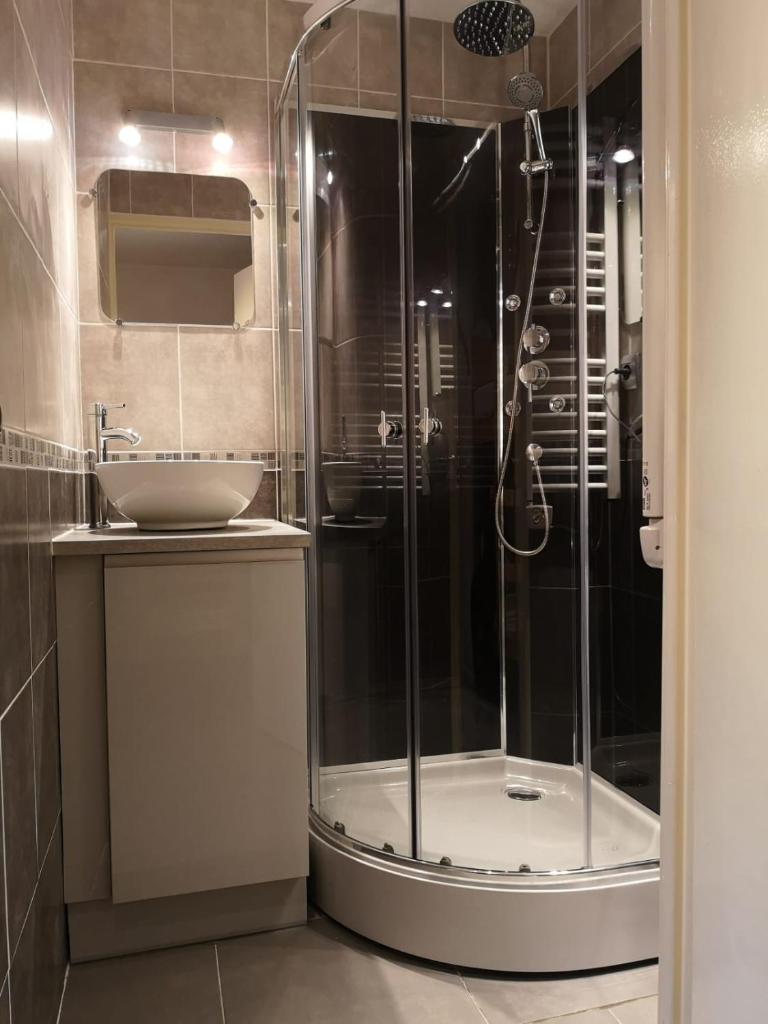 une salle de bain avec douche et lavabo dans l'établissement Chalet La Piste Bleu, à Saint-Gervais-les-Bains