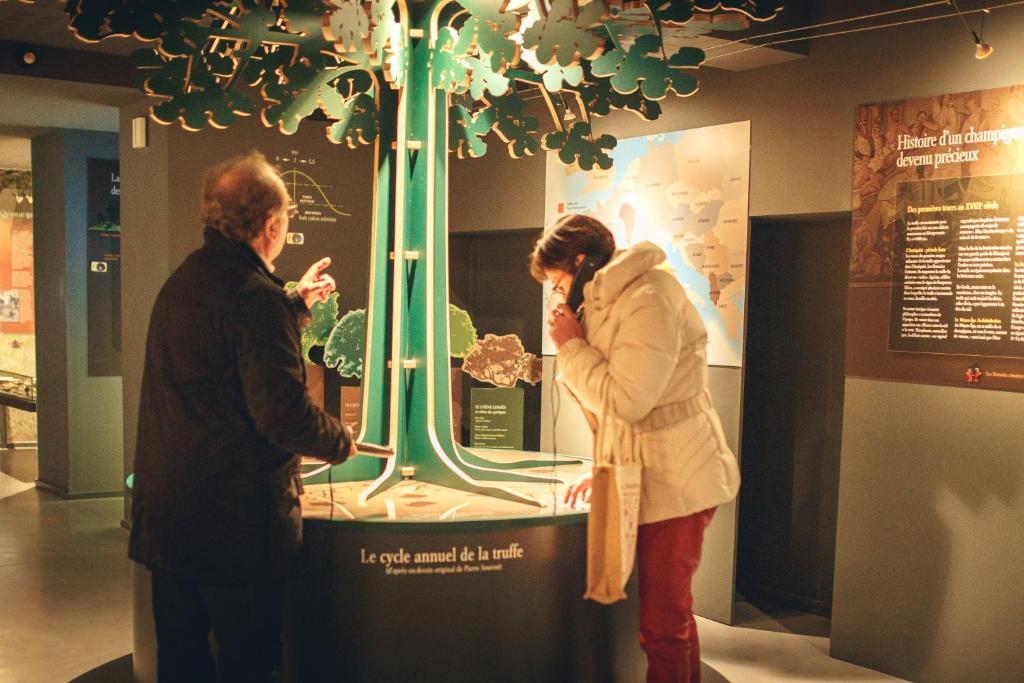 un homme et une femme qui regardent une exposition dans un musée dans l'établissement Domaine de la Vitarelle Glamping, à Villanière 125 autres photos
