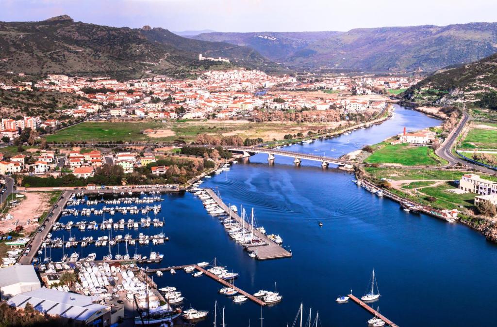 une vue aérienne d'un port avec des bateaux dans l'eau dans l'établissement Mannu Hotel, à Bosa