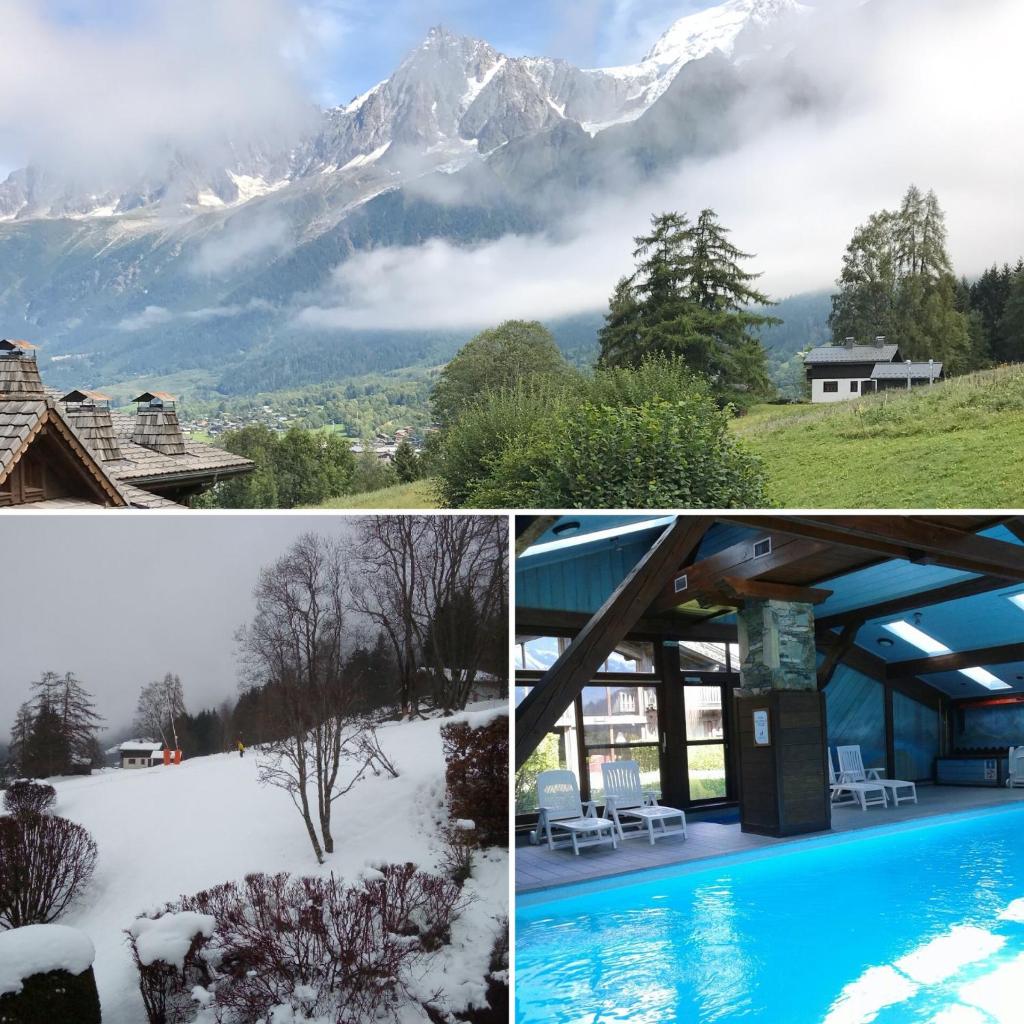 Un collage de photos avec une montagne enneigée dans l'établissement La clé des montagnes, aux Houches