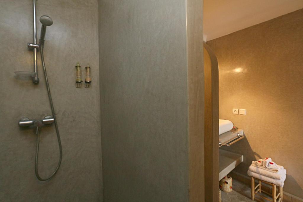 une salle de bain avec une douche avec des toilettes et un lavabo dans l'établissement Riad Jardin Des Rêves By La Siredrah, à Marrakech