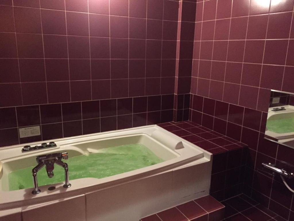 La salle de bains est pourvue d'une baignoire avec de l'eau verte. dans l'établissement ホテル 魔法のパンプキン ザ スイートガーデン 岡山 -大人専用-, à Okayama