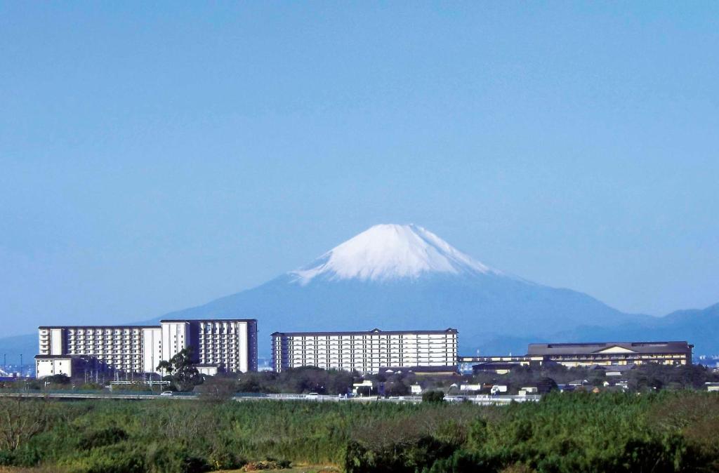 une montagne au fond d’une ville et de bâtiments dans l'établissement Ryugujo Spa Hotel Mikazuki Fujimitei, à Kisarazu