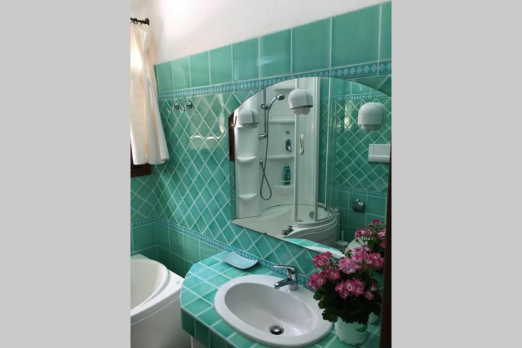 une salle de bain carrelée verte avec un lavabo et un miroir dans l'établissement VILLAROSA Views, à Porto San Paolo